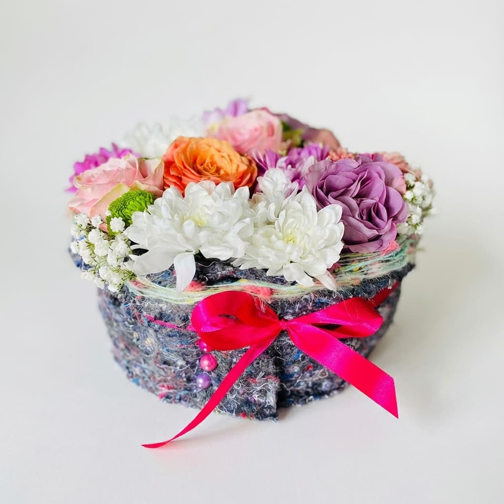 Слика на Нежен цветен аранжман со рози и хризантеми